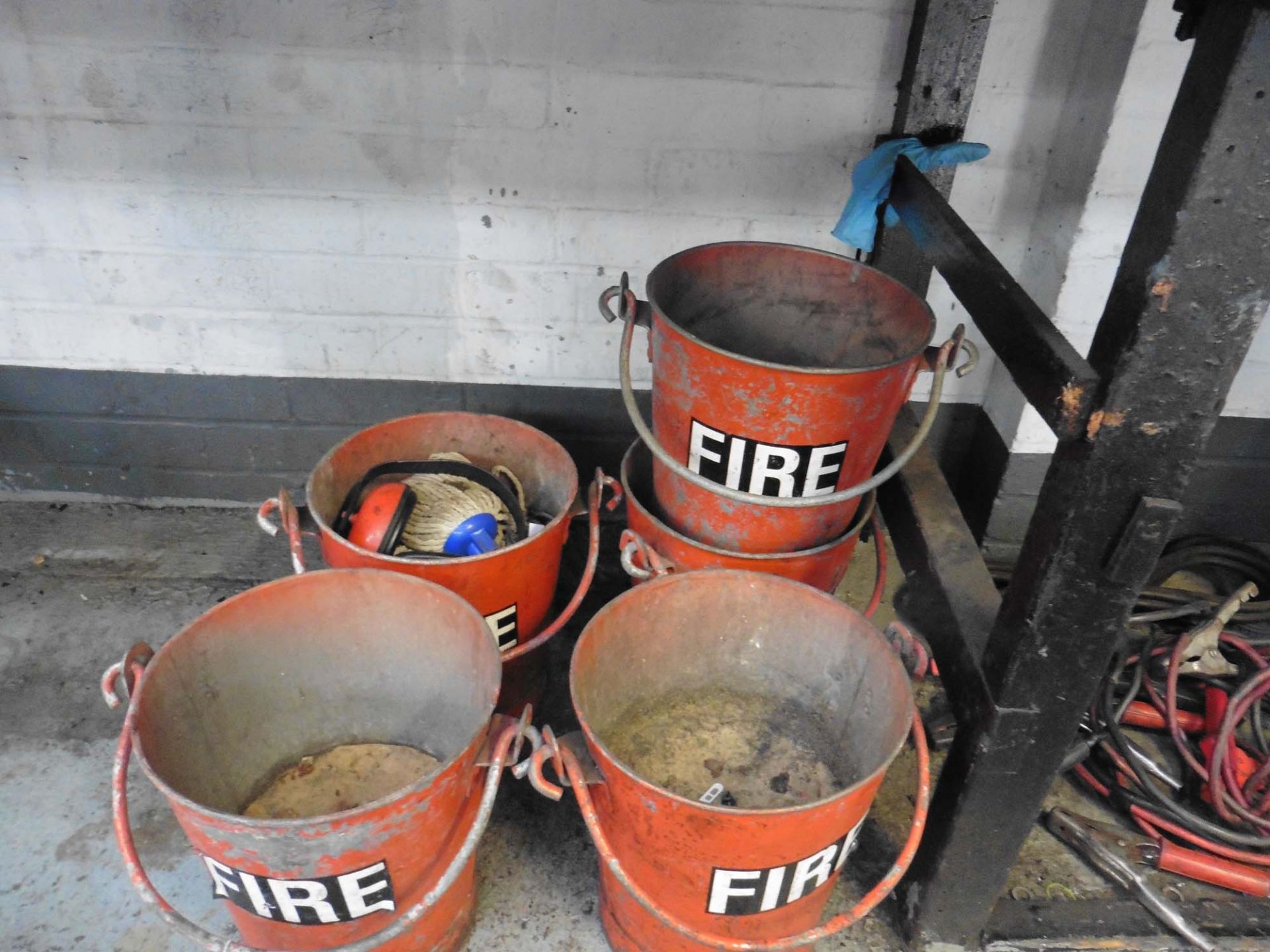 Five fire buckets and a range of brooms, crow bars etc - Image 2 of 6