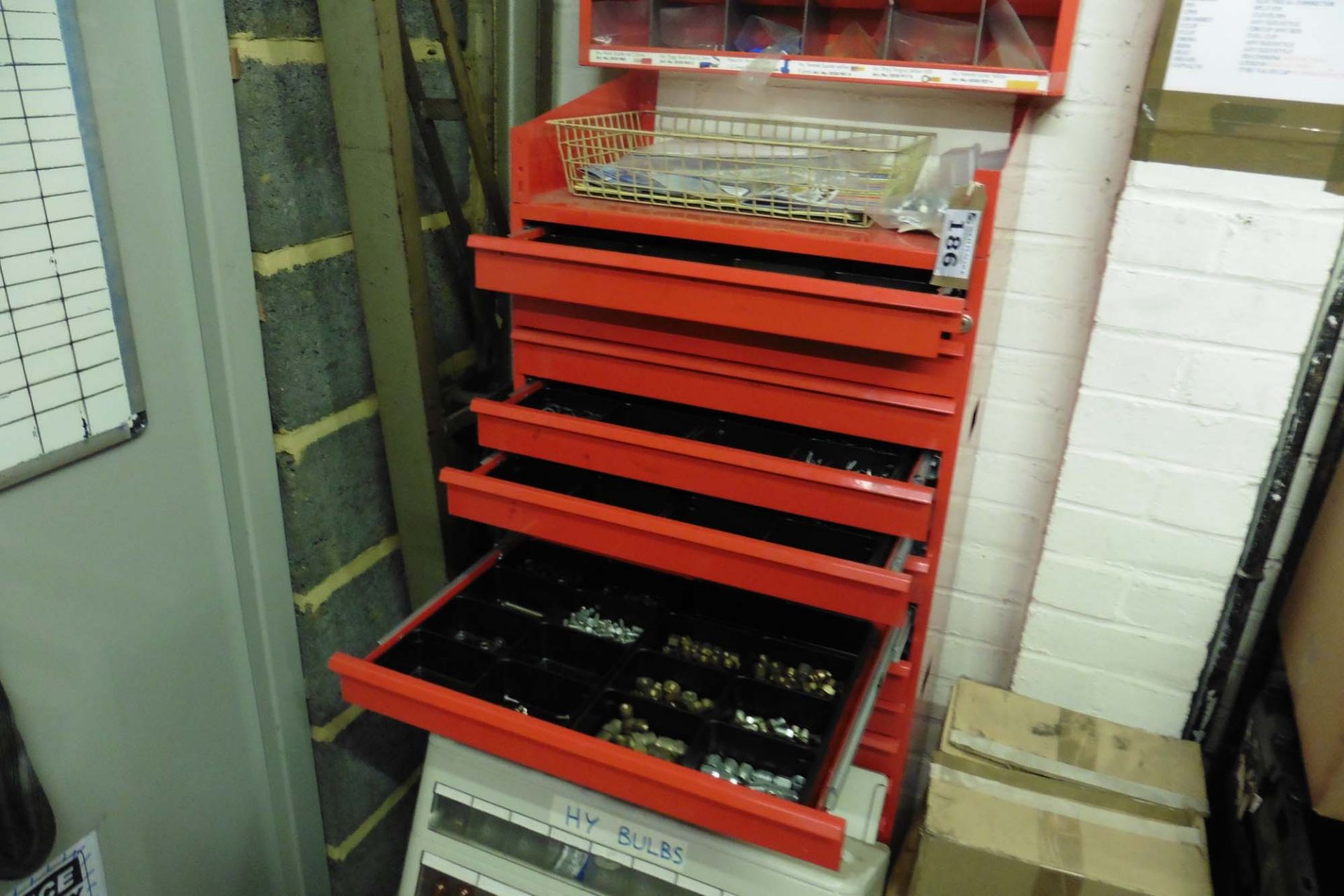 Red multi drawer unit containing nuts, bolts, washers, split pins, fuses, pipe fittings, etc - Image 6 of 6