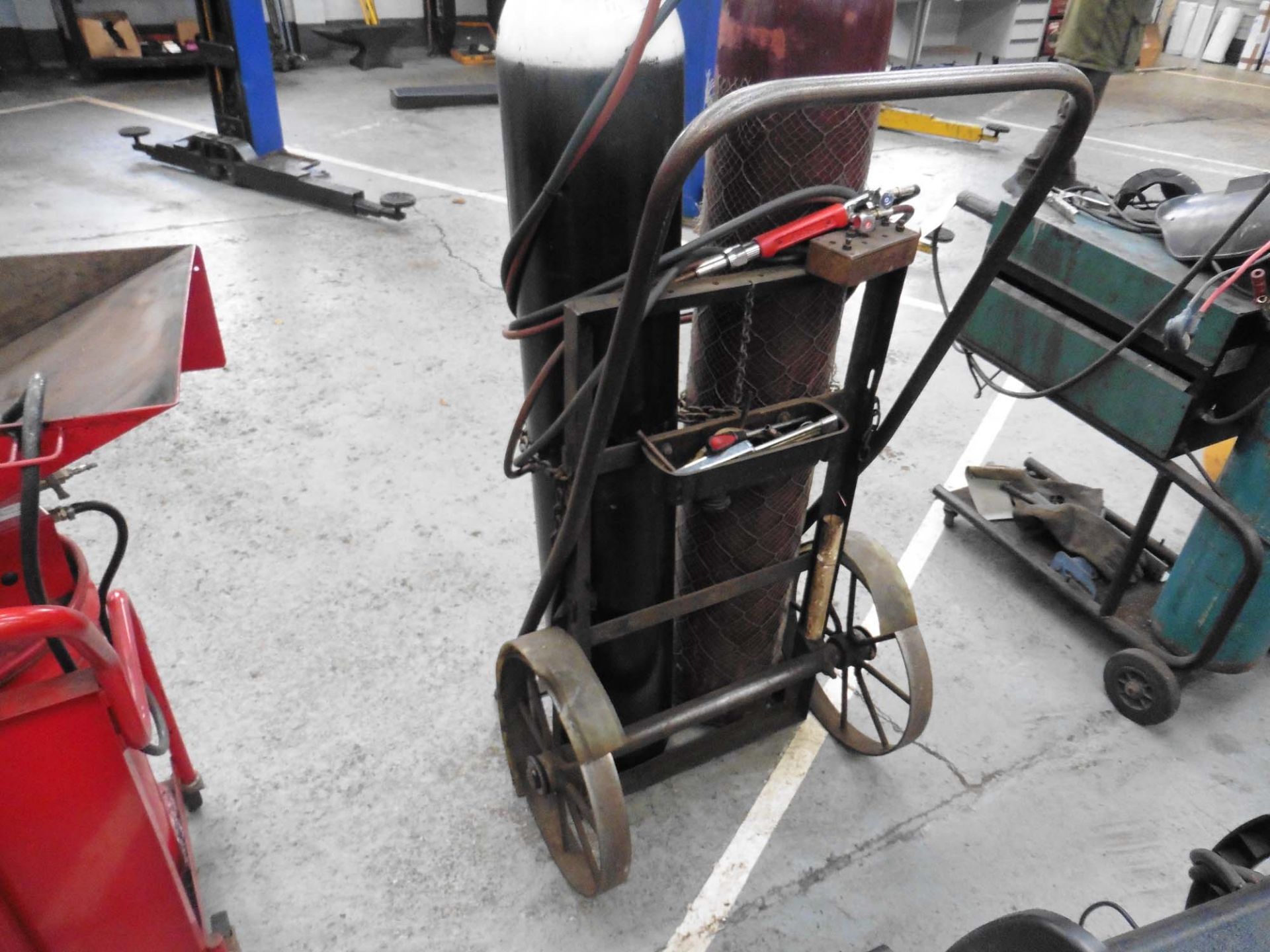 Set of oxy acetylene welding gauges, hoses and guns on trolley (bottles excluded) - Image 3 of 4