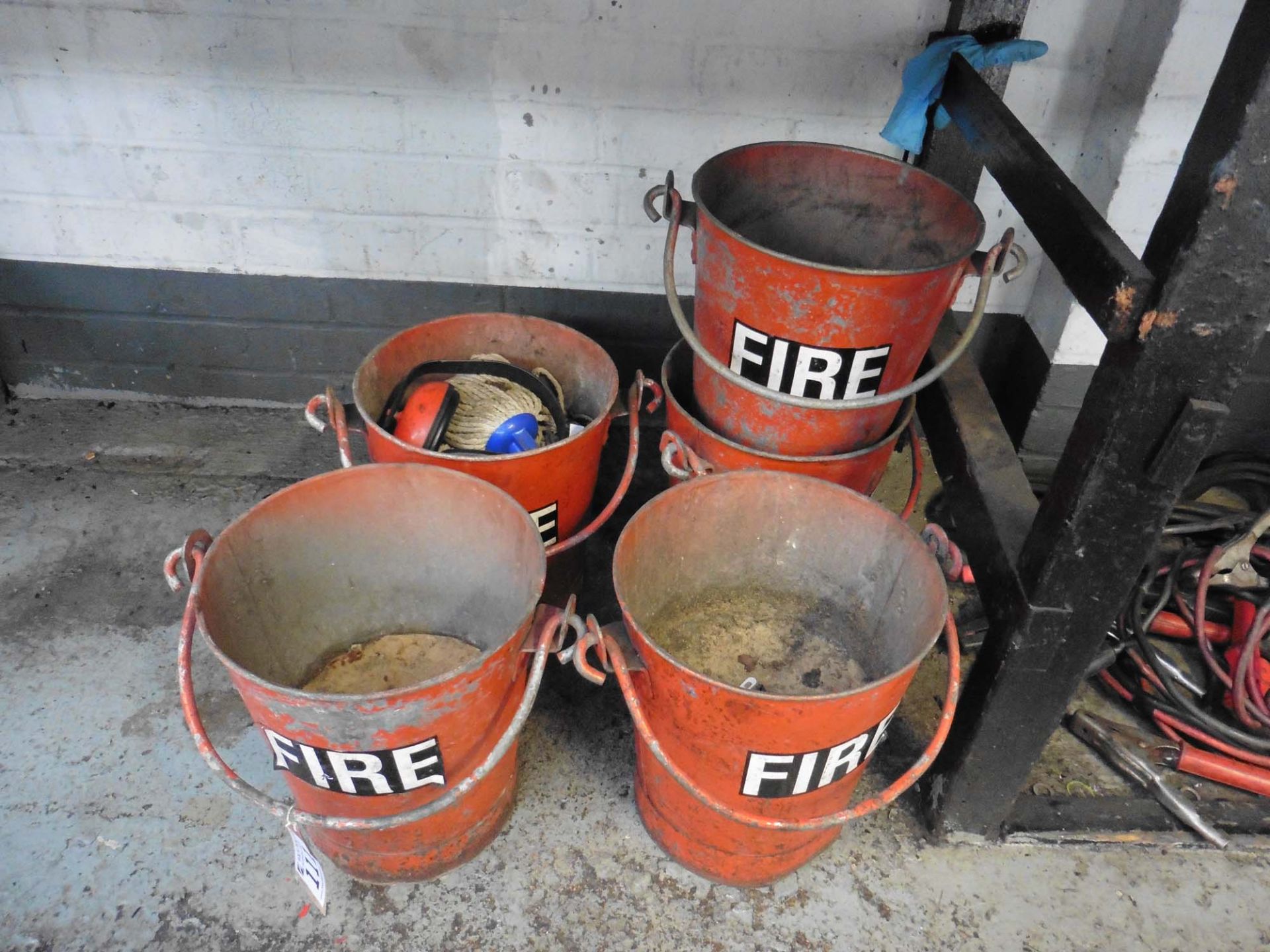 Five fire buckets and a range of brooms, crow bars etc - Image 3 of 6