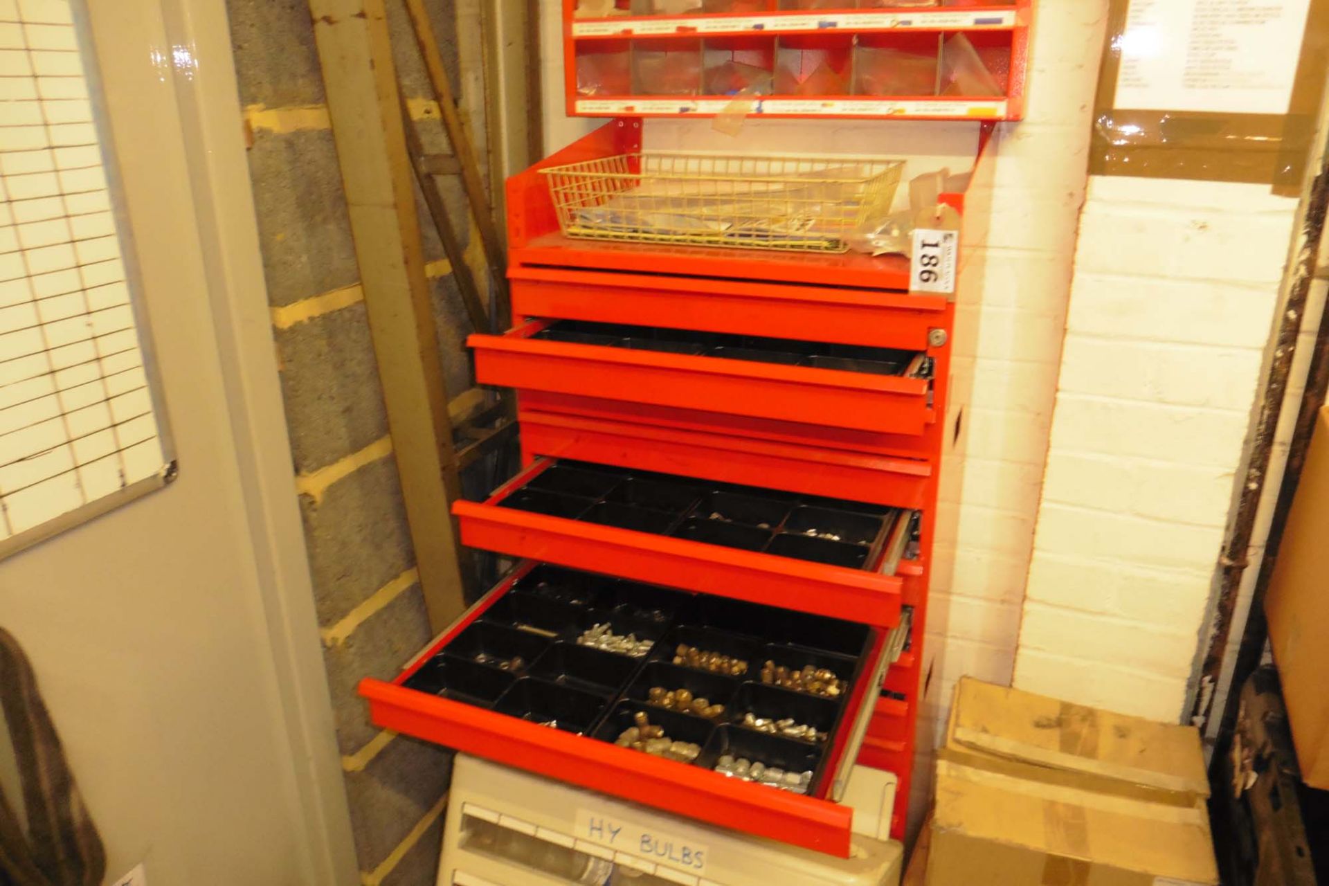 Red multi drawer unit containing nuts, bolts, washers, split pins, fuses, pipe fittings, etc - Image 2 of 6