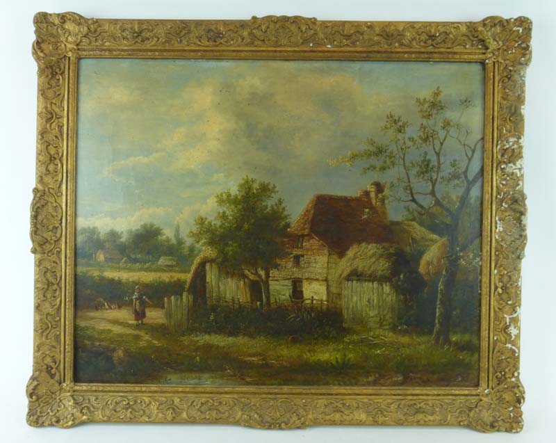 19th century School, a woman working outside a farmstead, unsigned, oil on canvas,