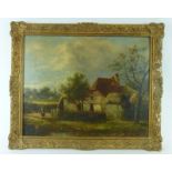 19th century School, a woman working outside a farmstead, unsigned, oil on canvas,