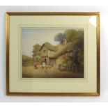 19th century School, a study of a thatched cottage, ladies and hens in the foreground,
