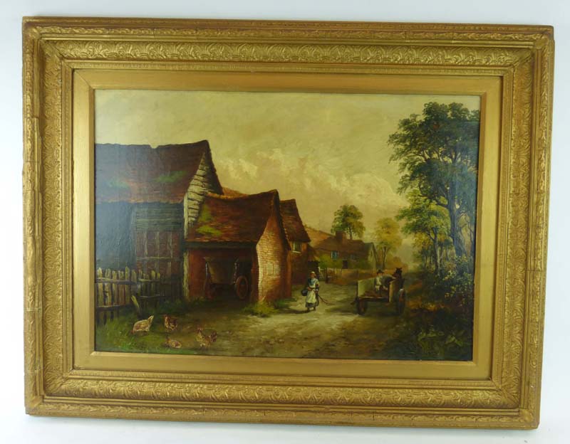 19th century School, a horse and cart down a village lane, unsigned, oil on canvas,