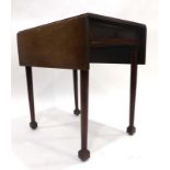 A 19th century mahogany drop-leaf table with a single drawer on circular legs with block feet, w.