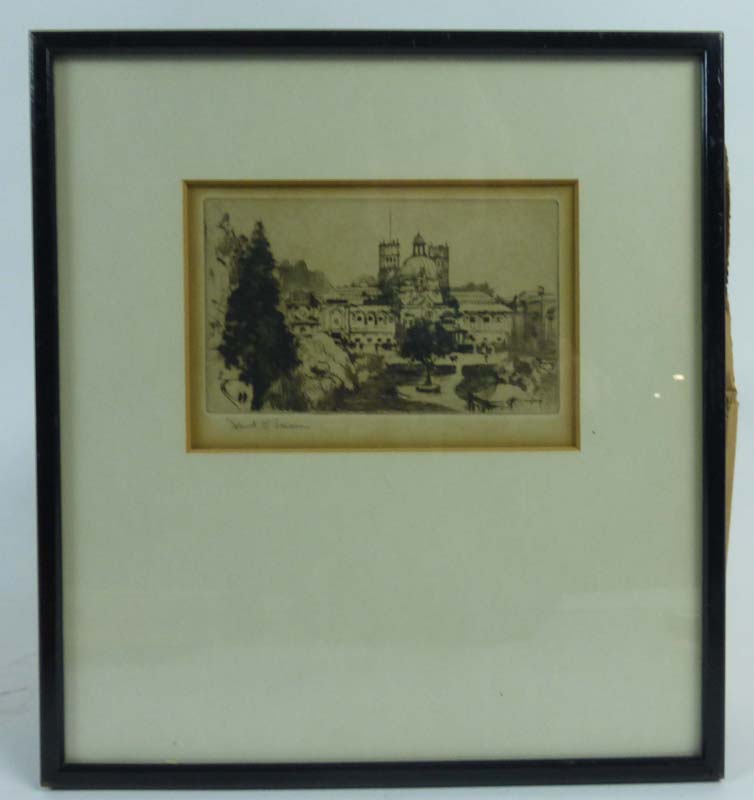 Frank Mason (1876-1965), a 19th century building in landscaped surroundings, signed in pencil,