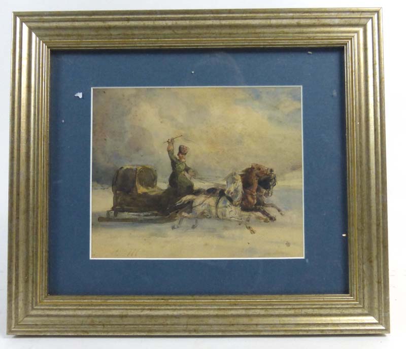 19th century School, a men on a trap pulled by three horses, indistinctly signed, watercolour,