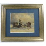 19th century School, a men on a trap pulled by three horses, indistinctly signed, watercolour,