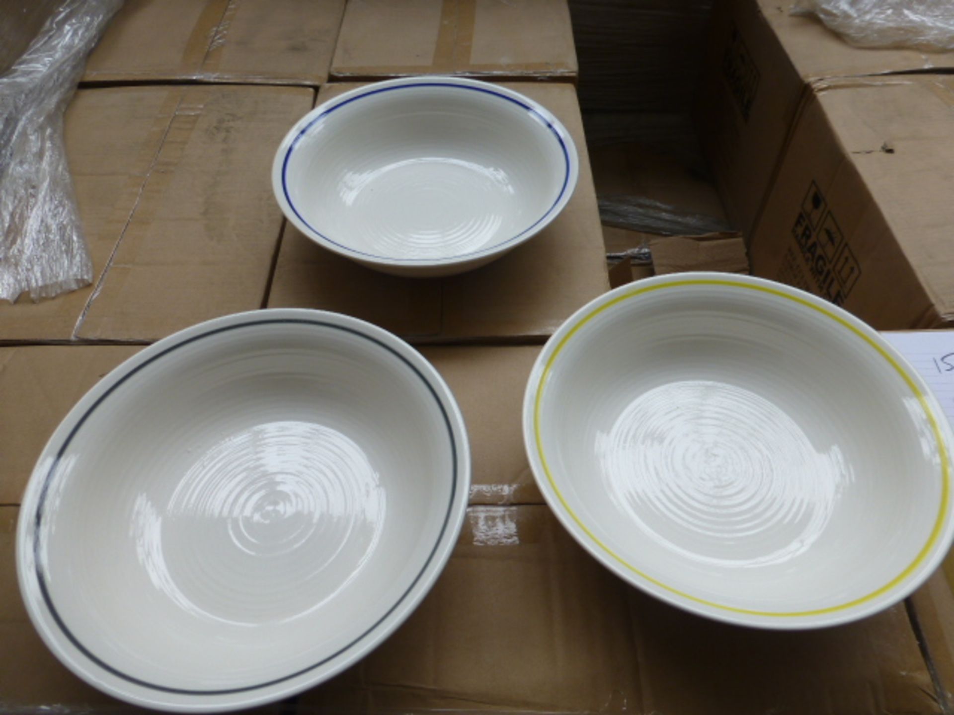 2 boxes of 28cm large stone ware pasta bowls with multi-coloured rims (24 in total)