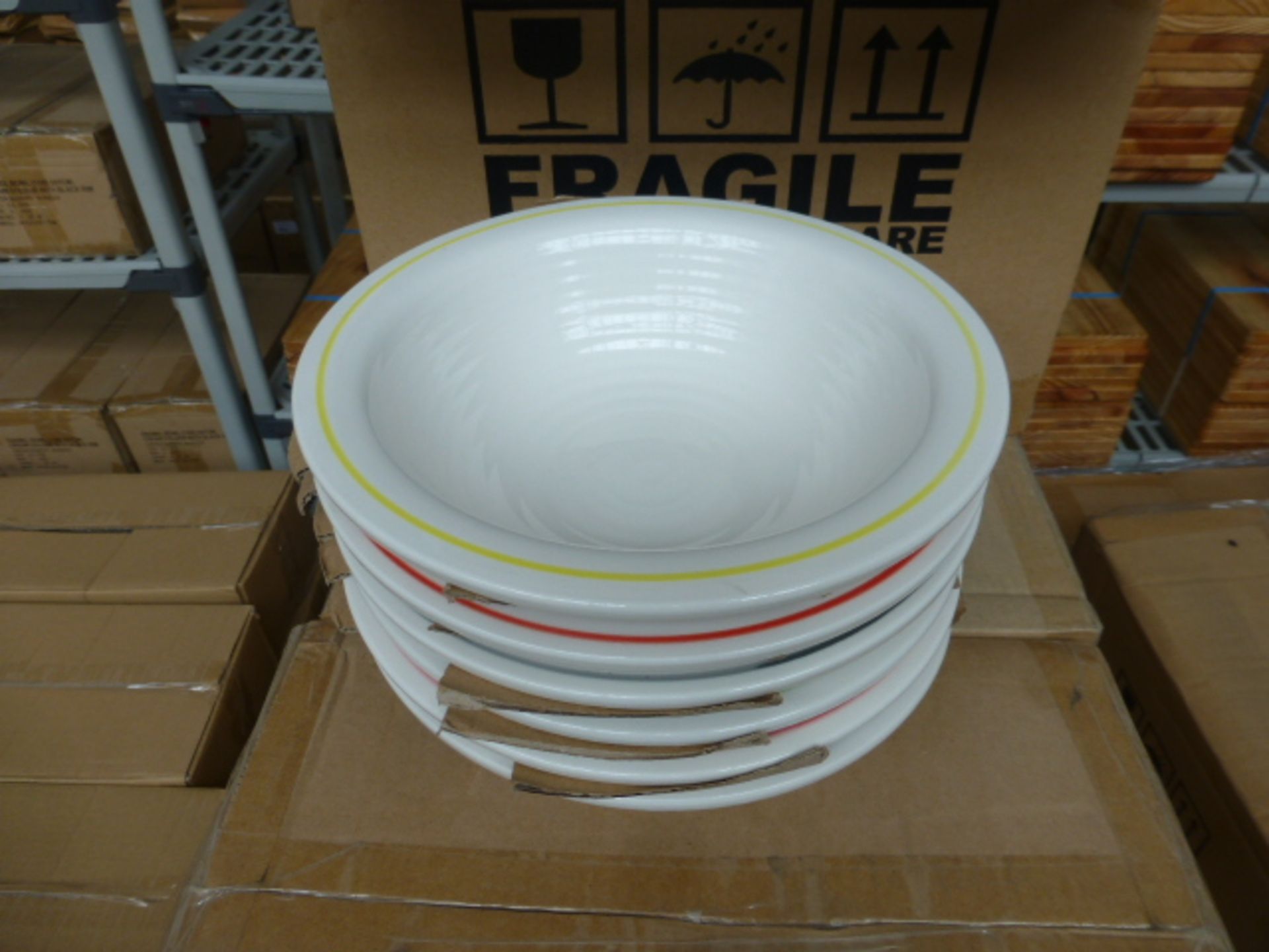 2 boxes of 24cm large stone ware pasta bowls with multi-colour rim (24 in total)