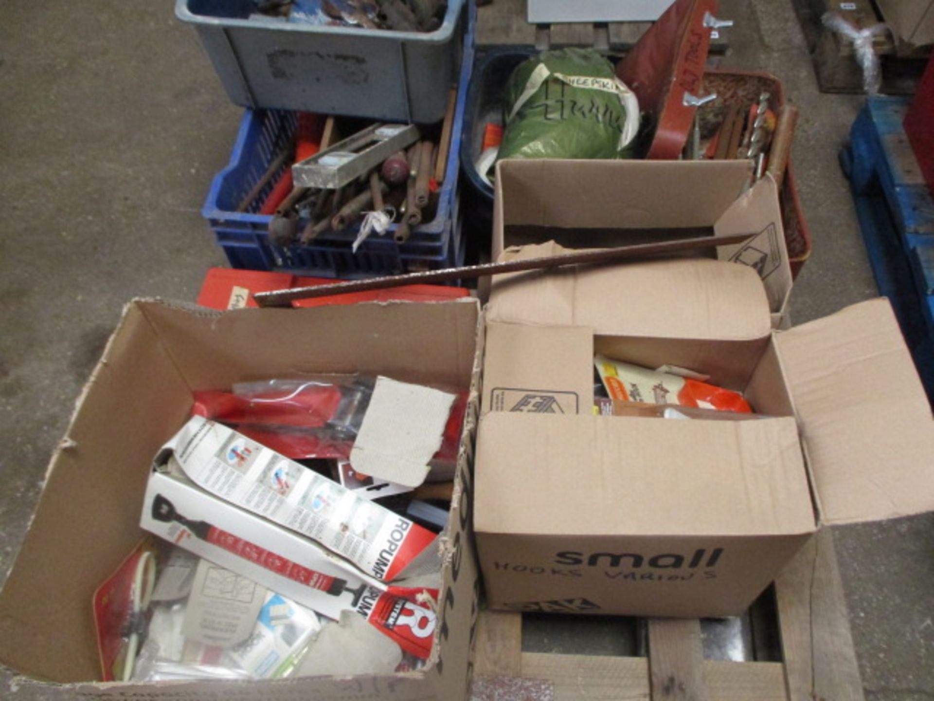 Pallet of assorted items incl. tooling, drill bits, fixings, plumbing items, spanners etc.