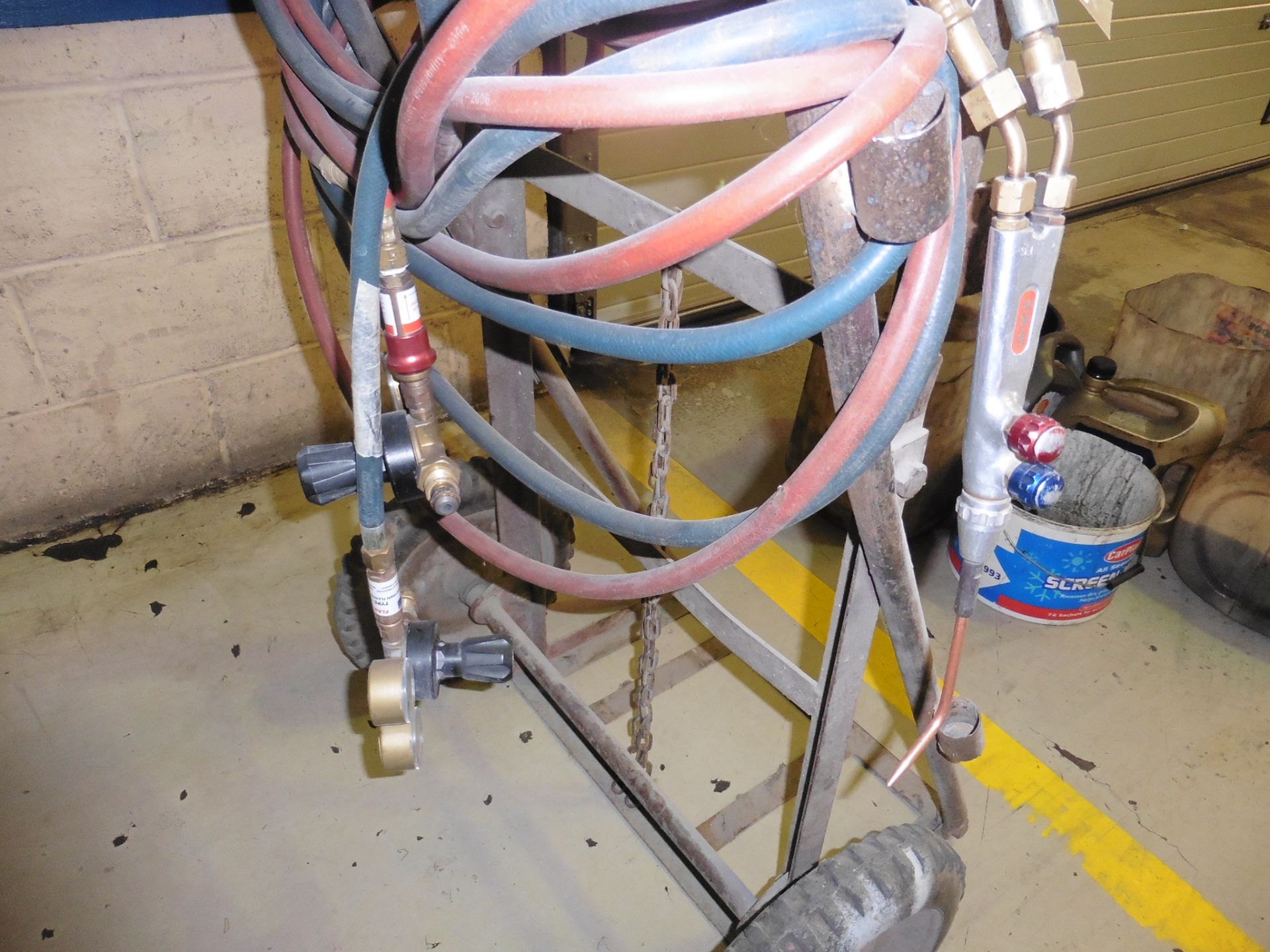 Set of oxy-acetylene welding gear with hose, gauges and trolley - Image 2 of 2