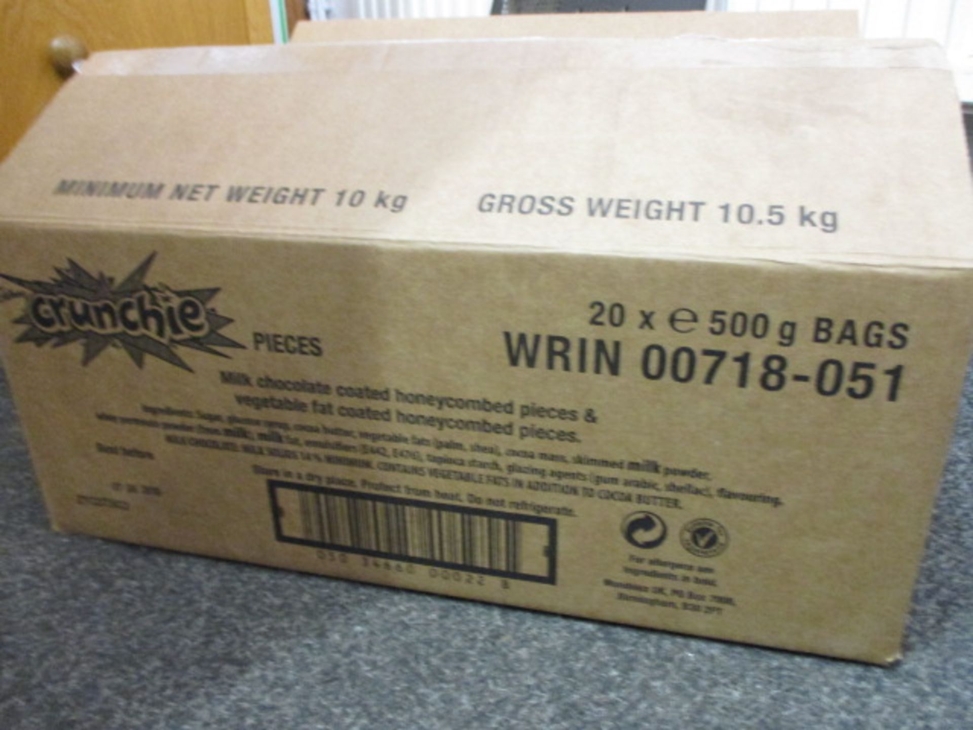 Box containing 20 x 500g bags of Cadbury Crunchie Pieces, milk chocolate and honeycomb
