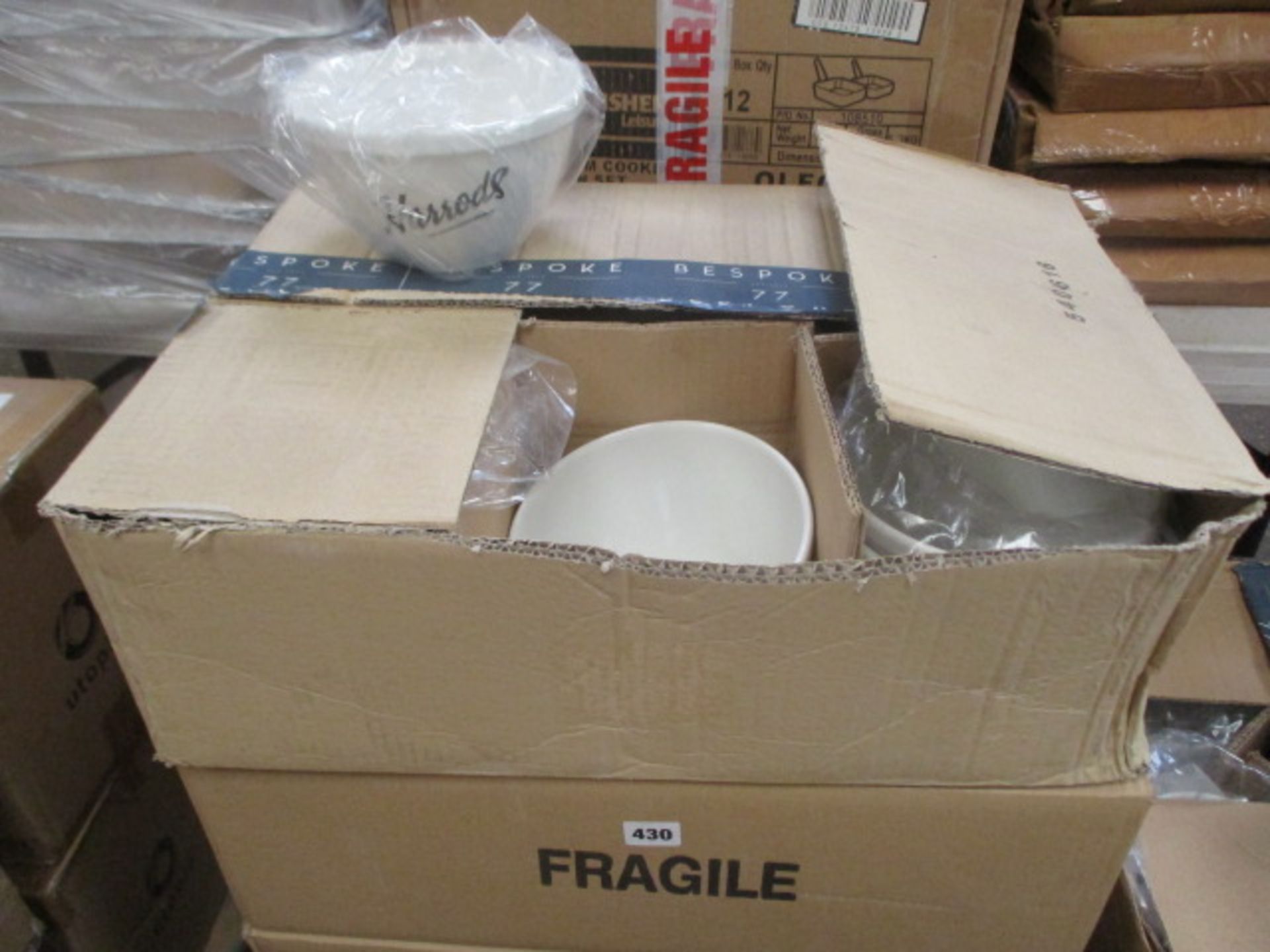 2 boxes of large white deep bowls with branding