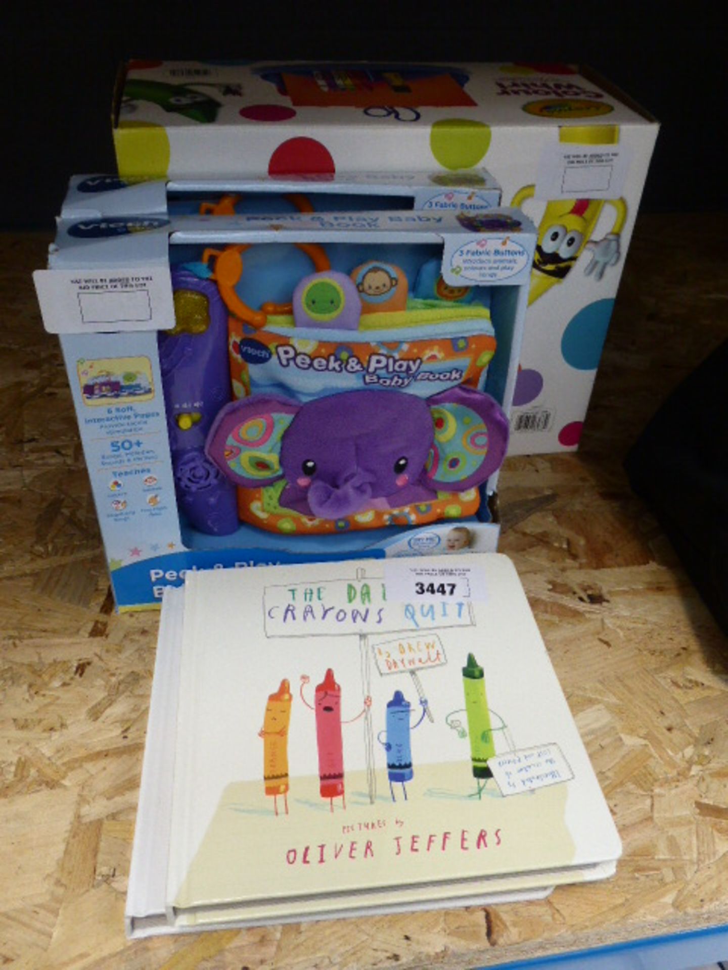 2 children's crayon books, 2 V Tech books and a Crayola colour well set