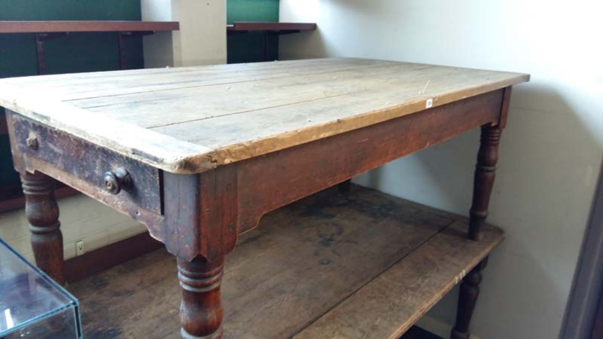 Pine mid-20th century farmhouse type dining table with drawer to either end