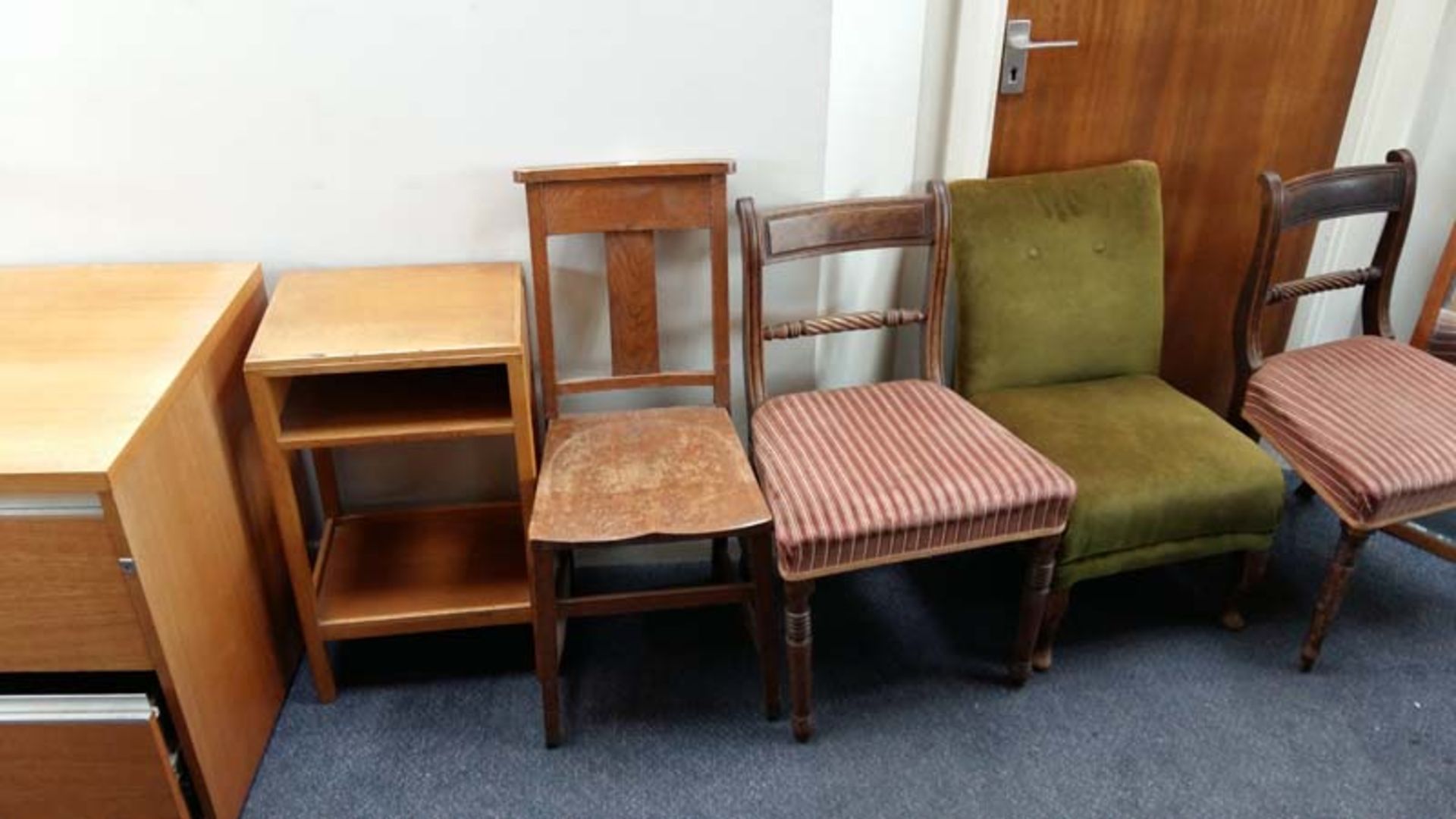 6 assorted early 20th century chairs, 2 drawer pedestal, light oak side table, dressing mirror and a
