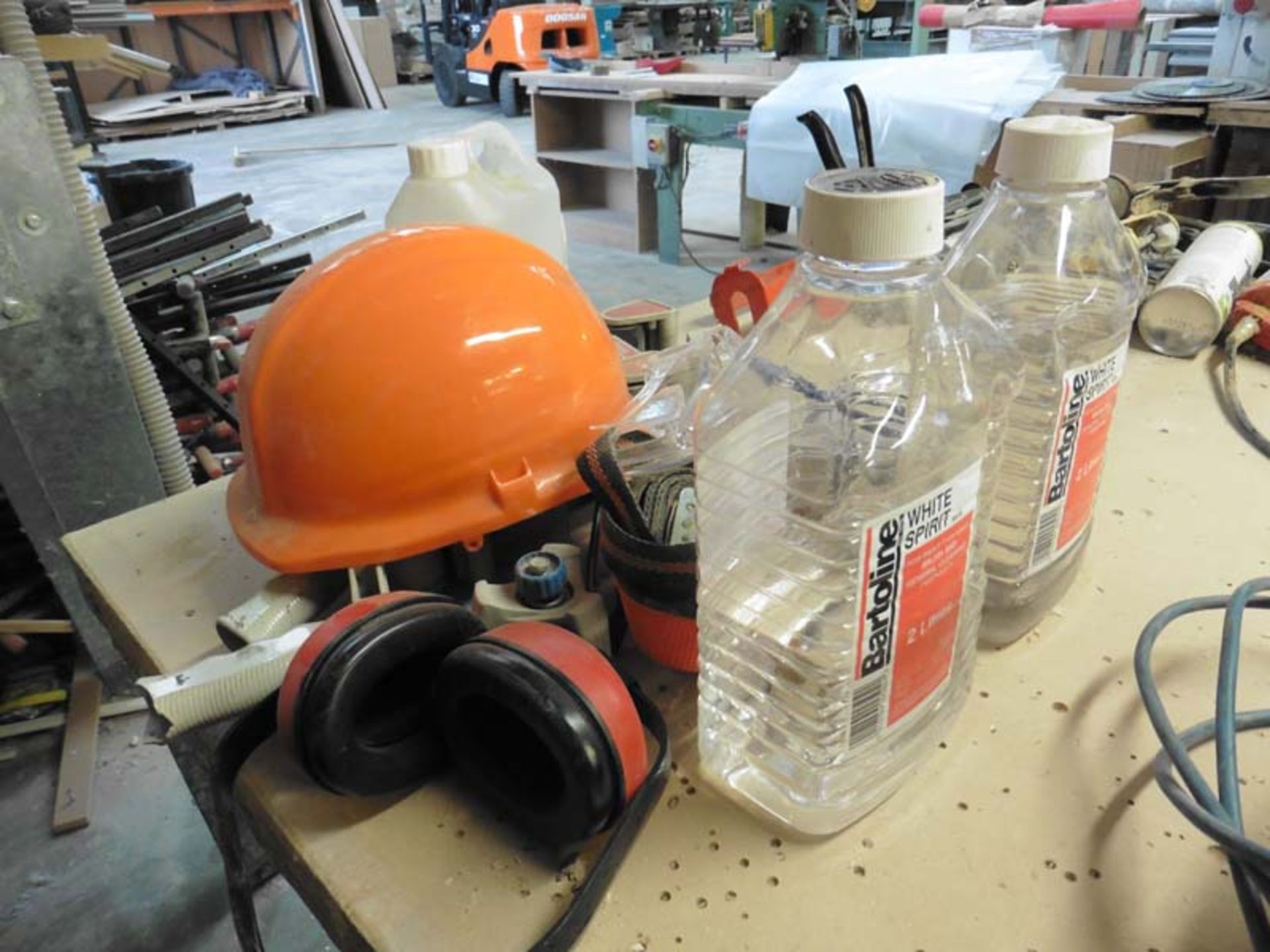 Assorted safety helmets, glasses, ear defenders, white spirit, tape guns etc - Image 2 of 2