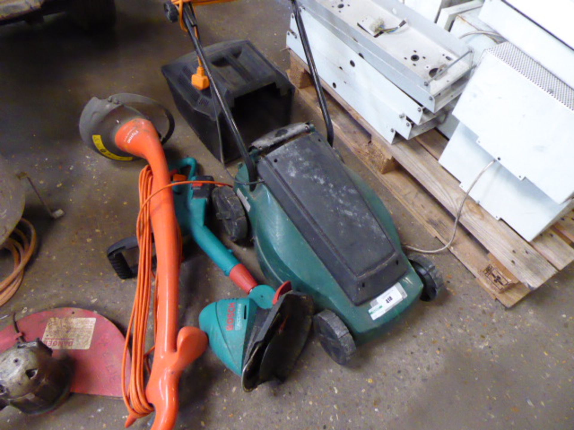 Electric lawn mower and 2 strimmers