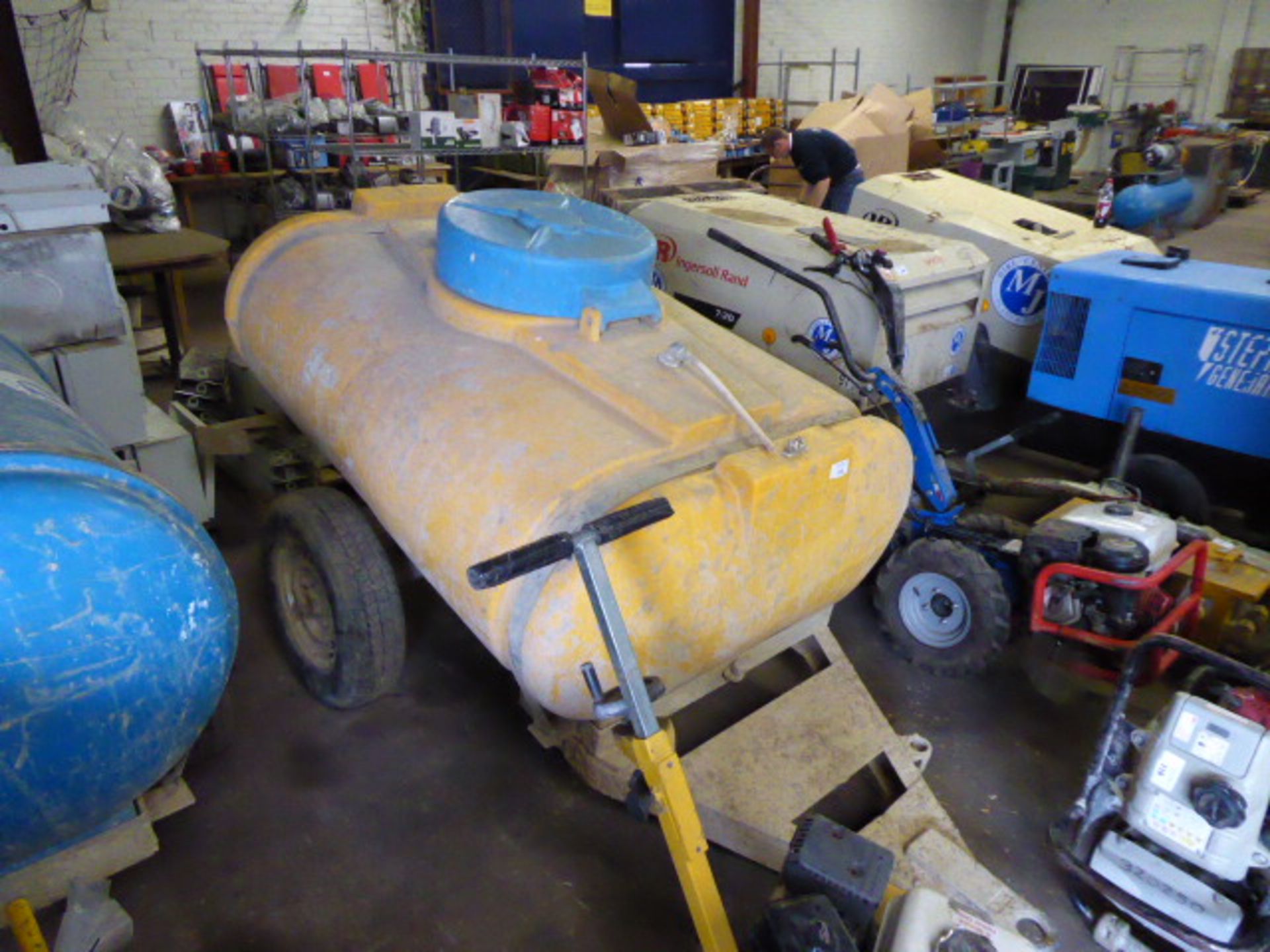 250 gallon yellow water bowser on single axle plant trailer