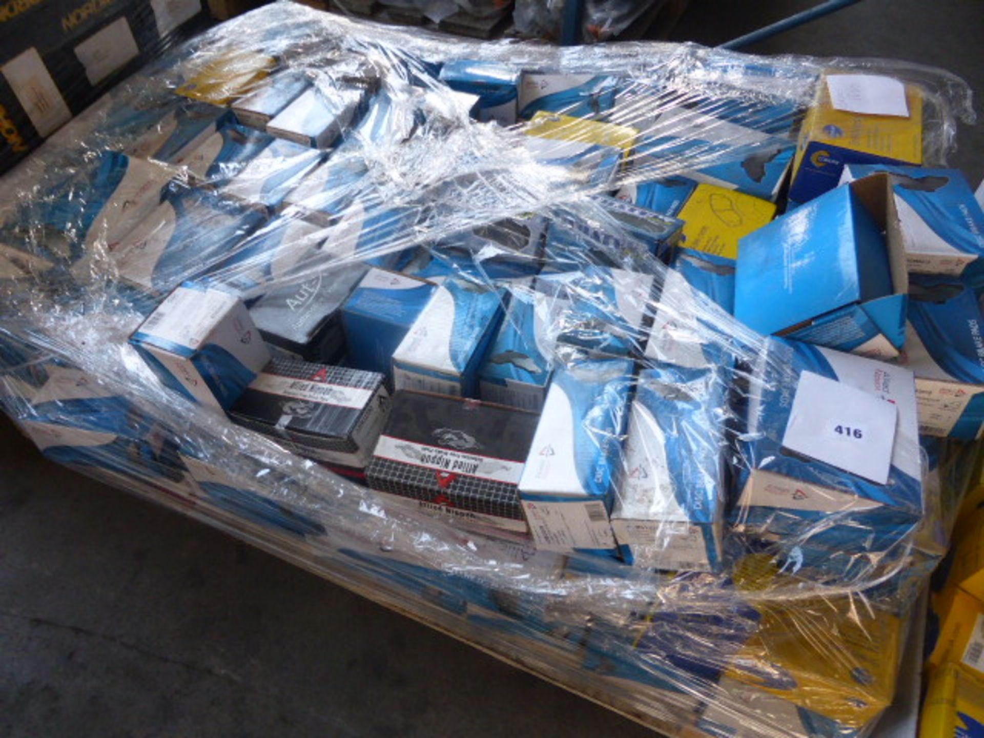 Pallet of Allied Nippon and Comline brake pads, for vehicles including Chevrolet, Citroen, Ford,