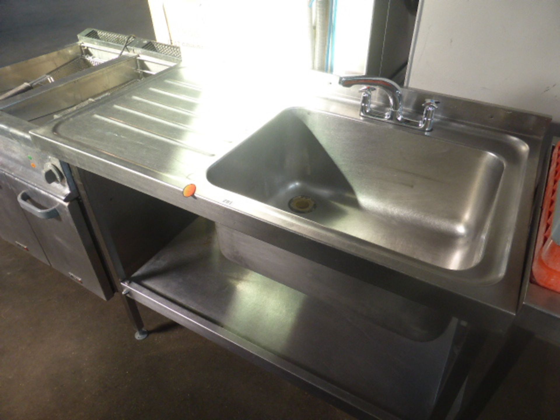 120cm stainless steel single bowl sink with taps, shelf under and draining board