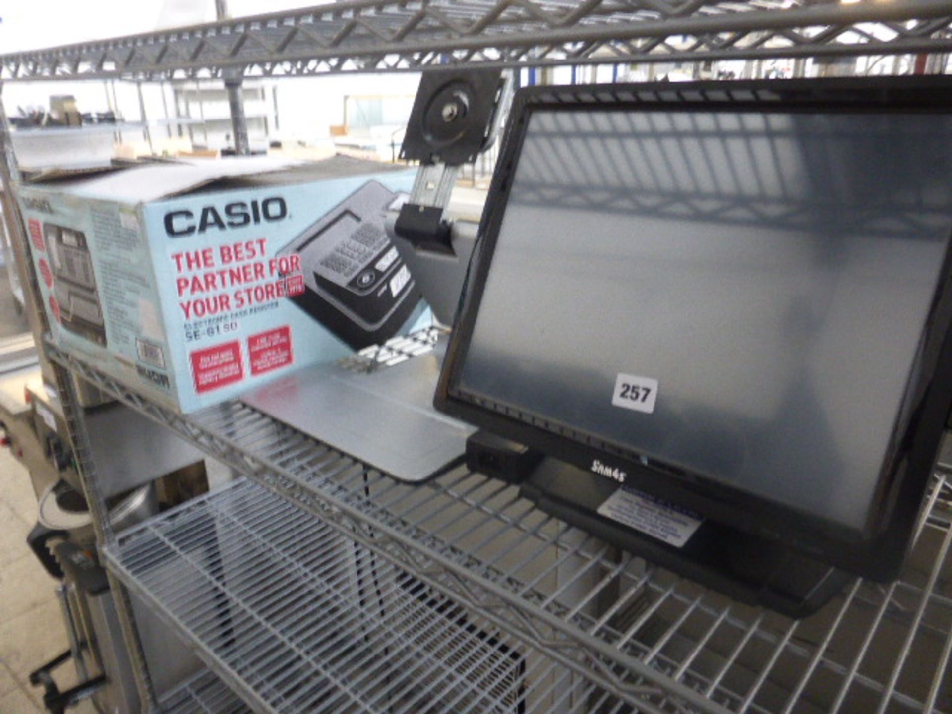 (6) Sam 4 S electronic touchscreen till station, a bracket and a Casio cash register