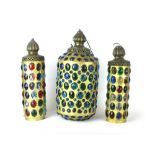 A set of three 1976 gilt and 'bejwelled' cylindrical lights with brass fittings
