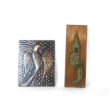 A 1950's Ragnar Parck hammered copper plaque depicting a phoenix together with another teak mounted