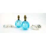 Vetreria Archimede Seguso for Murano, a pair of 1950's 'Bullicante' blue glass table lamps, h.