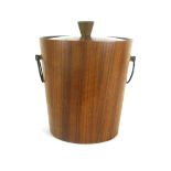 A teak bentwood ice bucket with brass handles together with a set of Danish teak coasters and stand