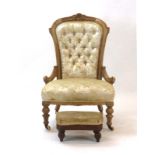 A Victorian walnut and button upholstered armchair on turned feet with castors together with a