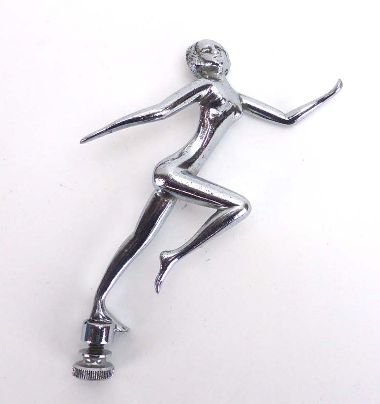An Art Deco Desmo chromed mascot in the form of a running nude female, h.