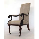 A Regency rosewood and upholstered ladies library chair with scrolled arms and turned front legs
