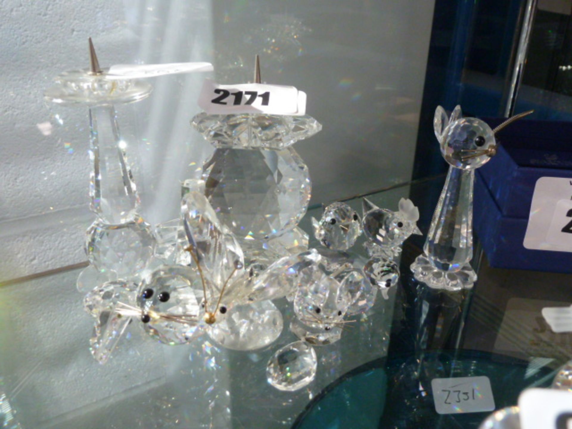 2165 Various Swarovski style glass animals and candlestick holders