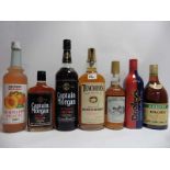 7 various bottles, 1x Vinco Schnapps Peach 20%, 2x Captain Morgan Original Rum 35cl & 1 litre 40%,