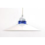 A KC 'Spectra Pendel' ceiling light with a white enamelled shade and blue perspex inner rings