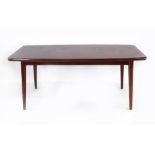 A 1960/70's walnut dining table with a faux rosewood formica surface, on tapering legs, l.