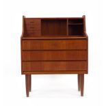 A 1960/70's teak bureau, the three small drawers and gallery over three long drawers,