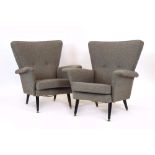 A pair of 1950's highback armchairs by Vono, with grey woolen herringbone upholstery,