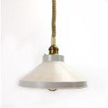 A 1970's white enamelled pull-down ceiling light with a brass handle CONDITION REPORT: