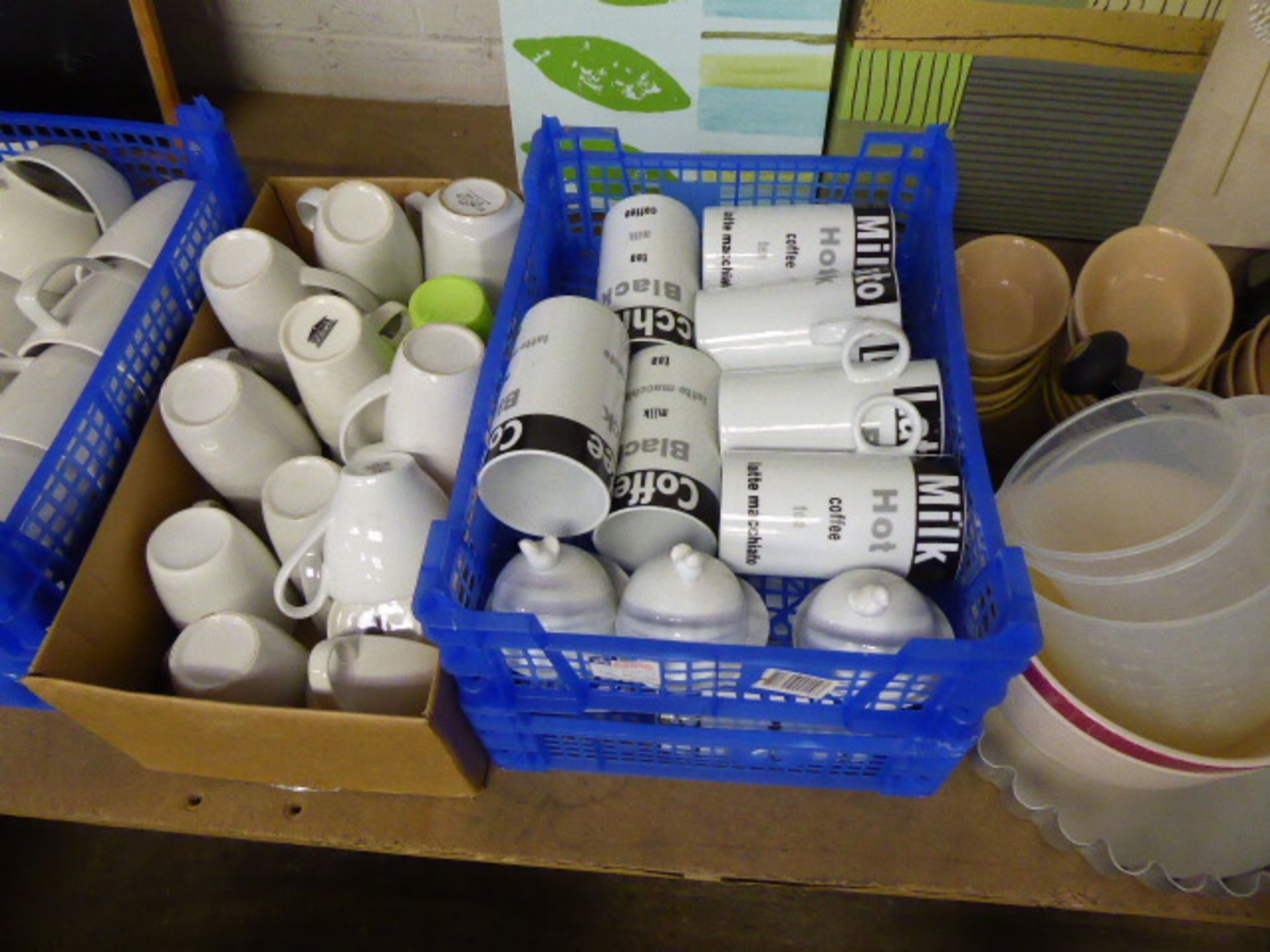 11 plastic trays and boxes of assorted mugs, cups, glassware, trays etc. - Image 2 of 3