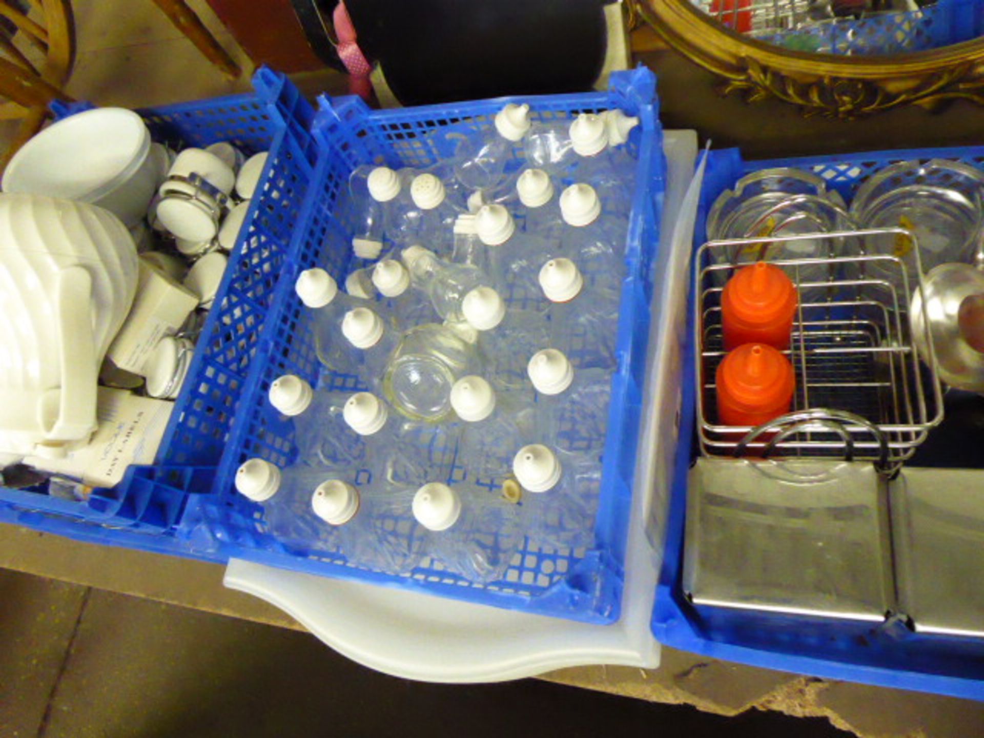 11 plastic trays and boxes of assorted mugs, cups, glassware, trays etc. - Image 3 of 3