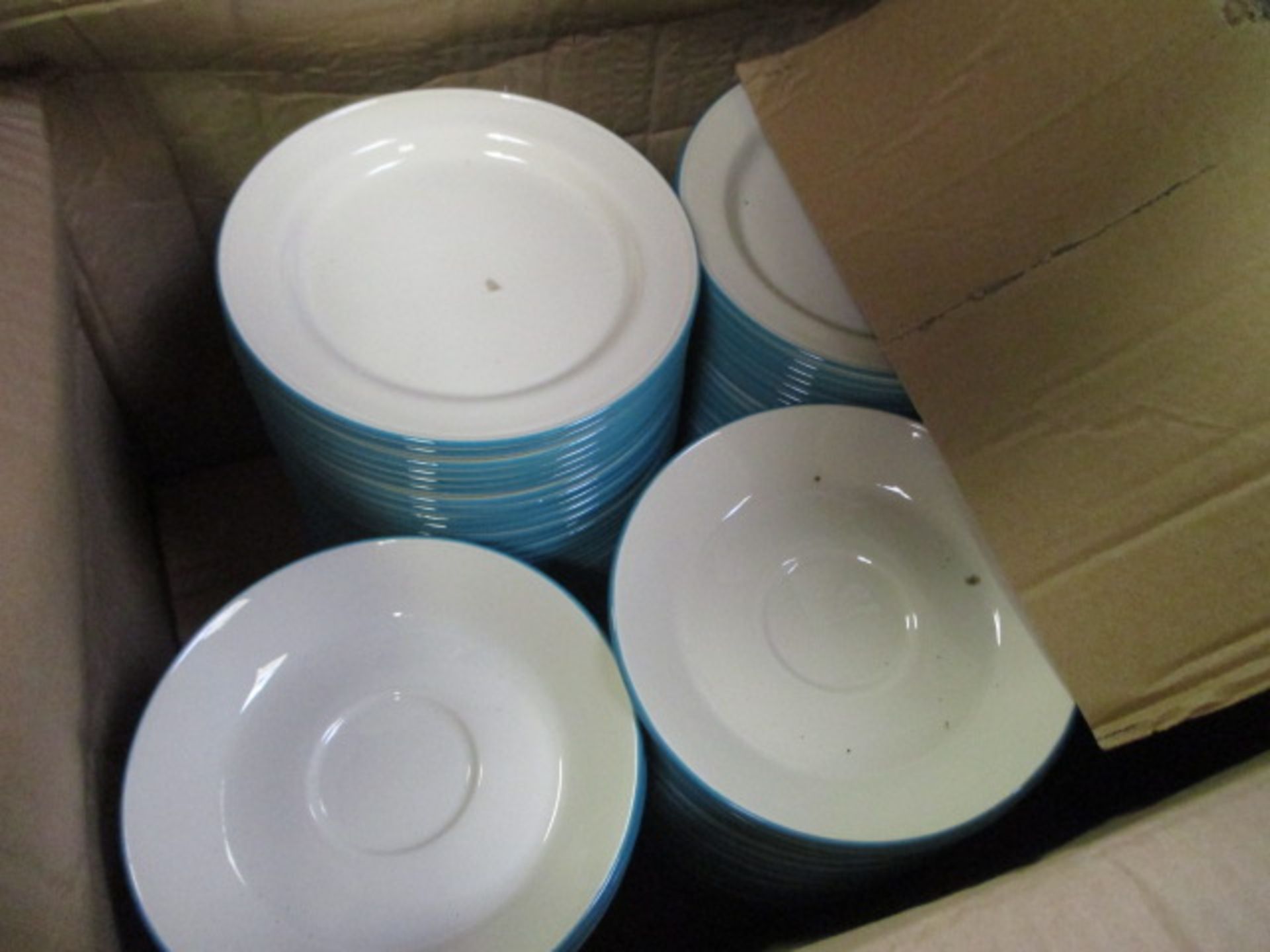 Box of blue rim white side plates