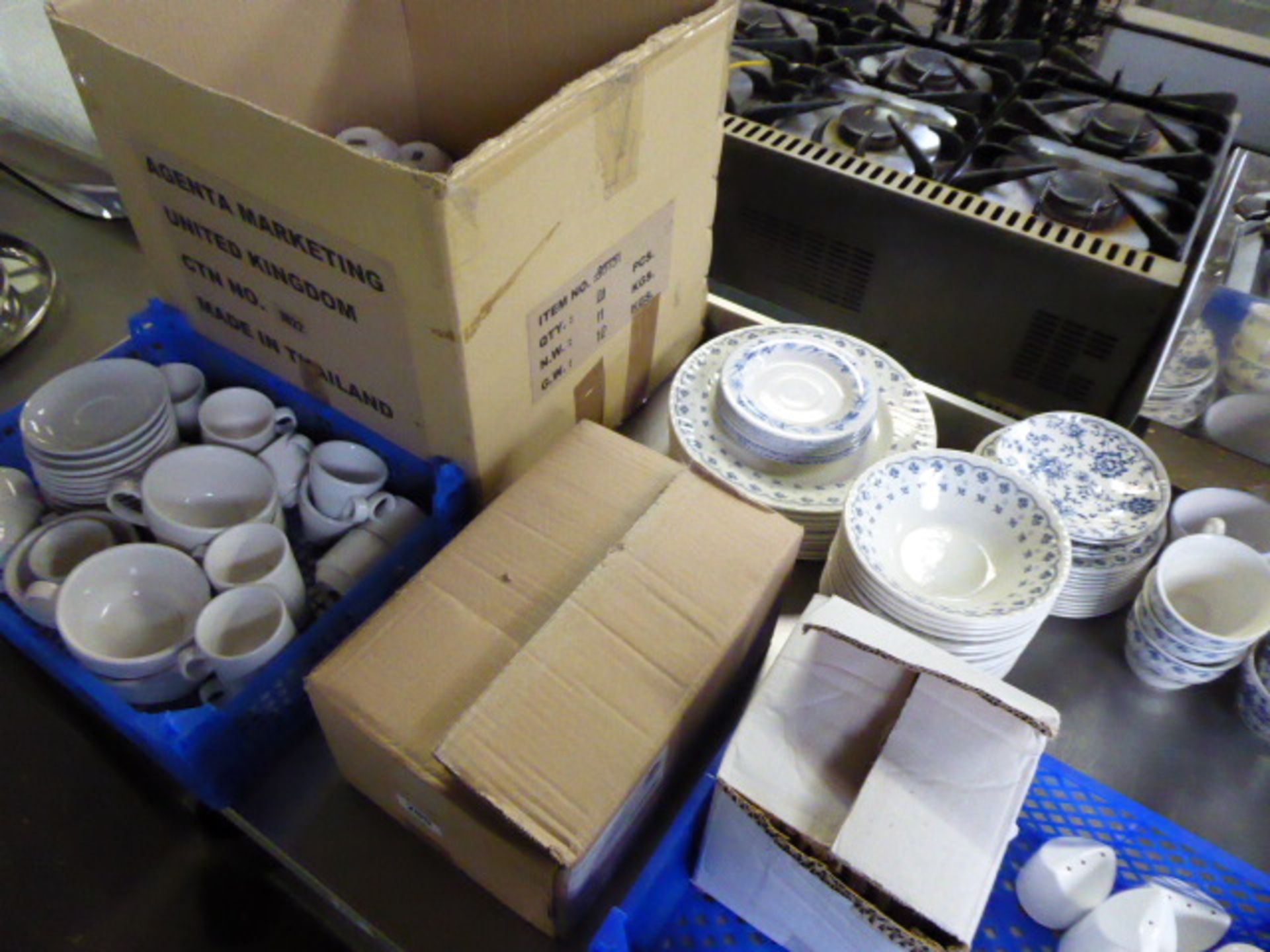 2 tabletops of mainly white crockery with some blue and white, comprising large number of coffee - Image 2 of 2