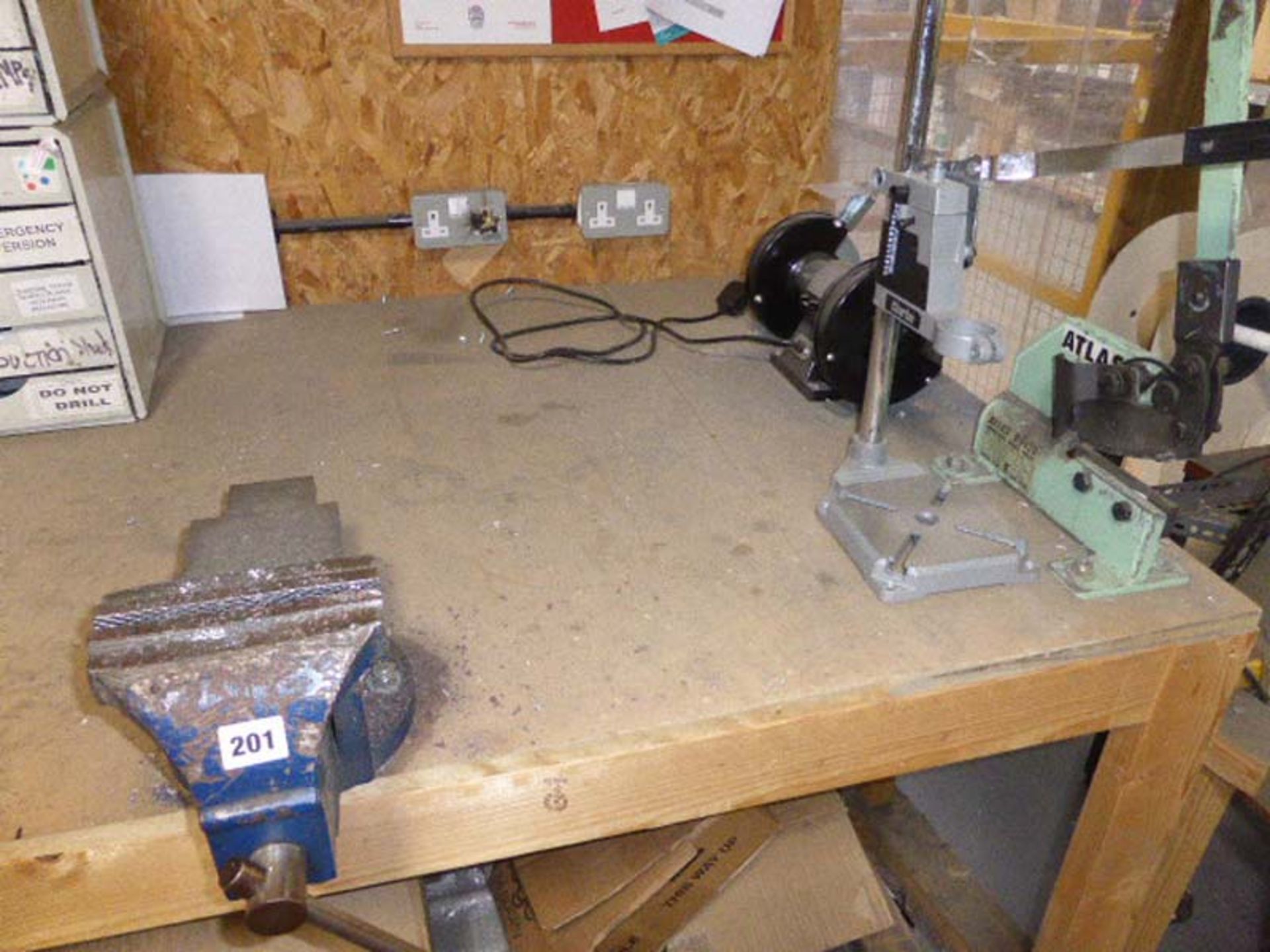 Bench mounted vice, bench mounted shear, double ended grinder and a drill stand