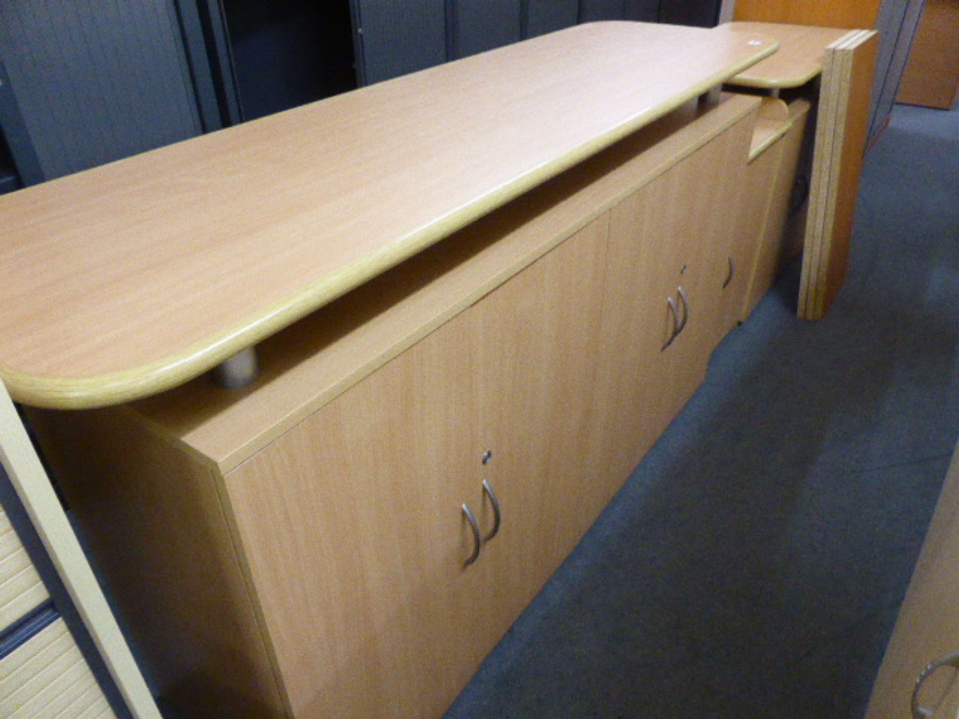 Suite of beech furniture comprising large 4-door Credenza, small 2-door cabinet and single cabinet