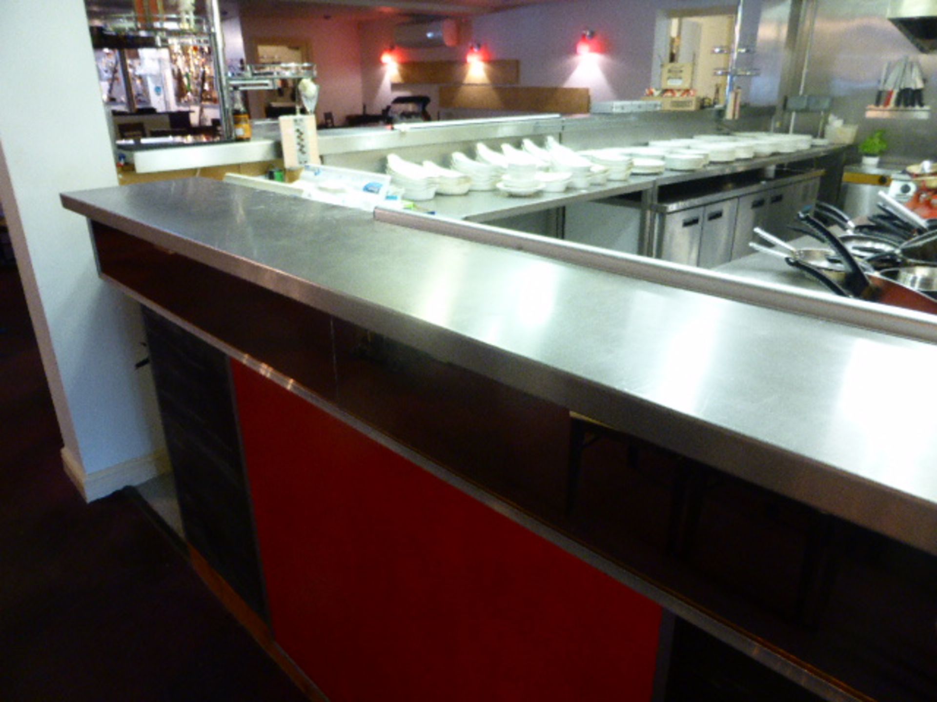 Large L shape stainless steel preparation area/servery measuring 550cm x 340cm built in a modular - Image 3 of 4