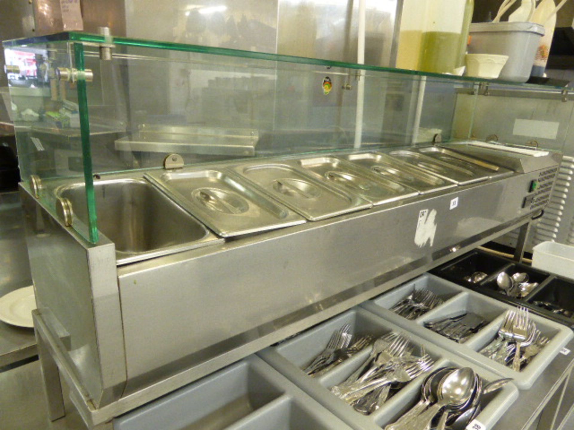 150cm refrigerated coldwell with quarter size gastronorms and a glazed cabinet top with a small